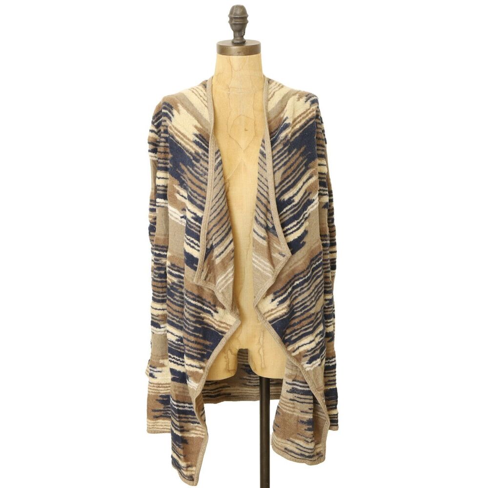 LUCKY BRAND Open Drape Southwest Sweater Long Cardigan XS Striped Brown Tan B87